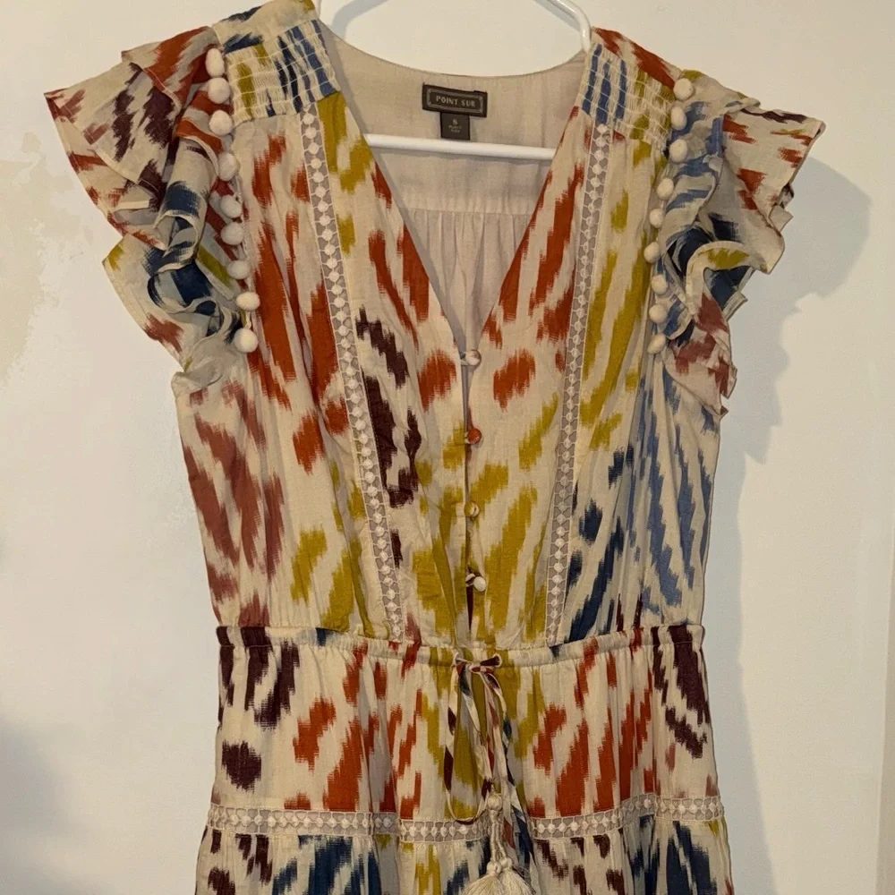 Point Sur J Crew Maxi Dress 8 Flutter Tiered
Ruffle Tie Tassel Pom Pom Ikat - Picture 5 of 12